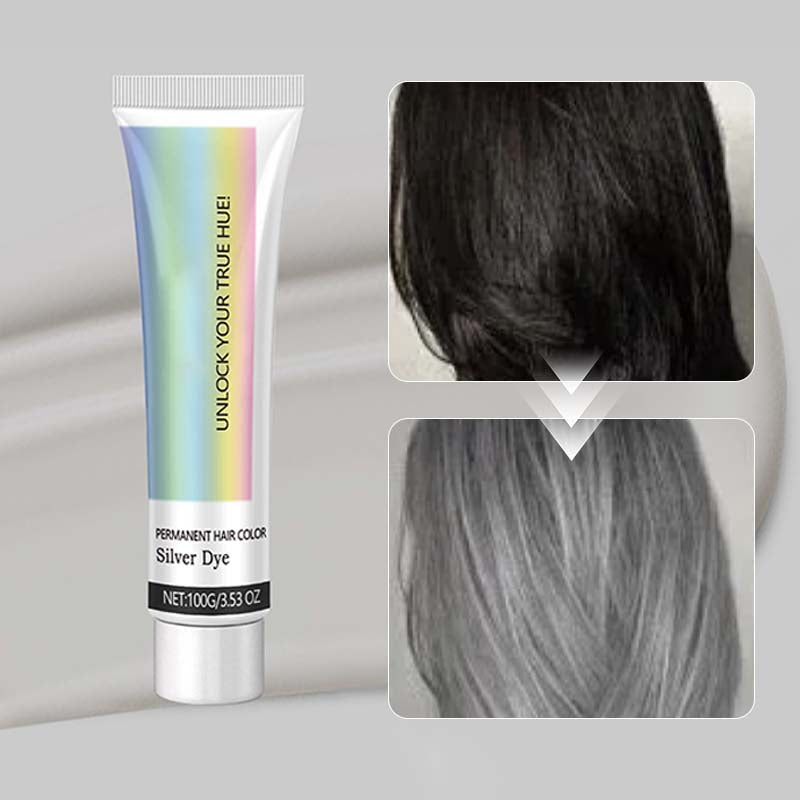 Tube of silver hair color next to a before-and-after comparison, black hair above and silver-gray hair below. 2