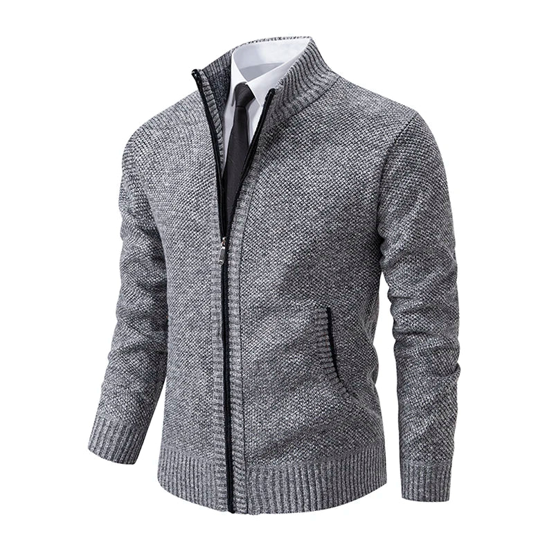Angled view of the light gray cardigan highlighting the ribbed collar and front pocket 27