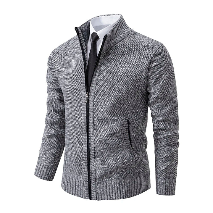 Angled view of the light gray cardigan highlighting the ribbed collar and front pocket 27
