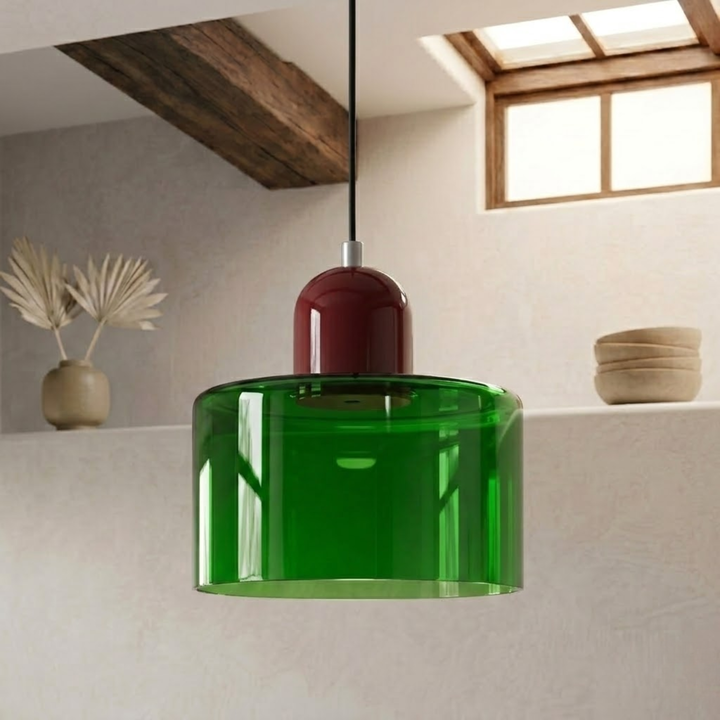 Translucent green glass shade with a glossy burgundy dome cap hangs on a black cord in a beamed room. 32