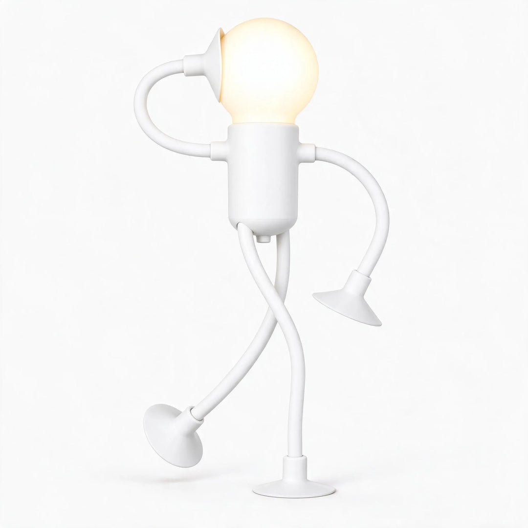 White posable figure light glowing on a plain background, one arm bent up to its head and legs crossed 27
