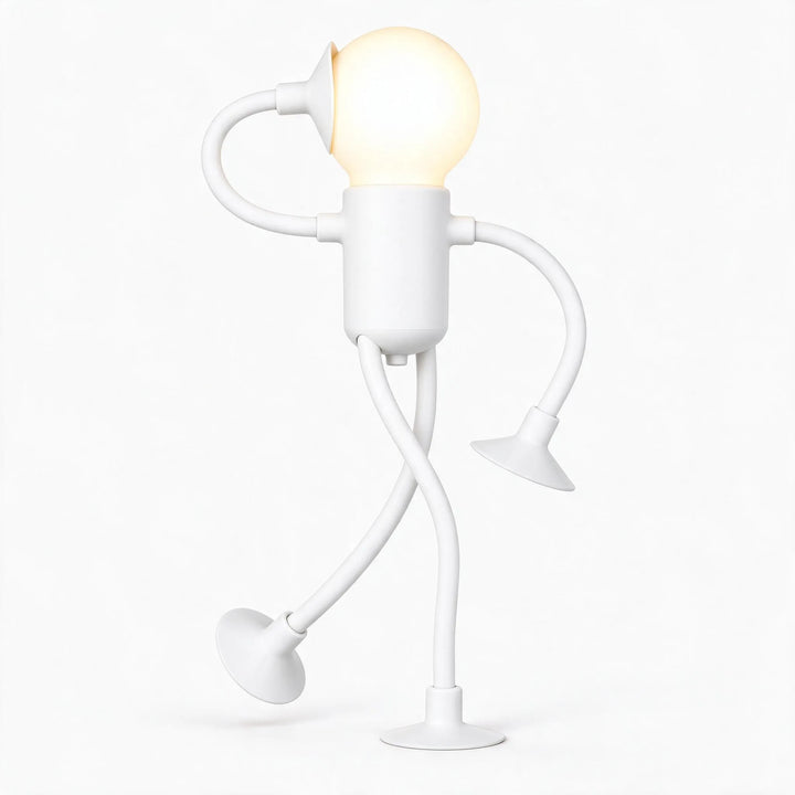 White posable figure light glowing on a plain background, one arm bent up to its head and legs crossed 27