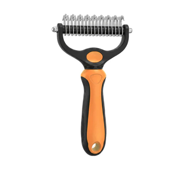 Orange and black rake angled to show the curved side of the metal teeth 15