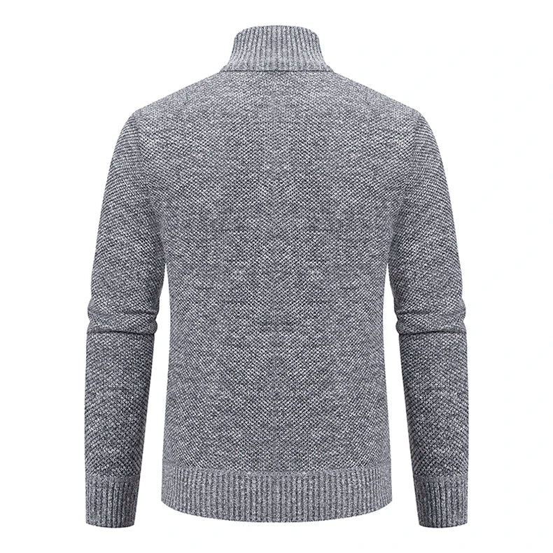 Back view of the light gray knit cardigan with ribbed hem and cuffs 28