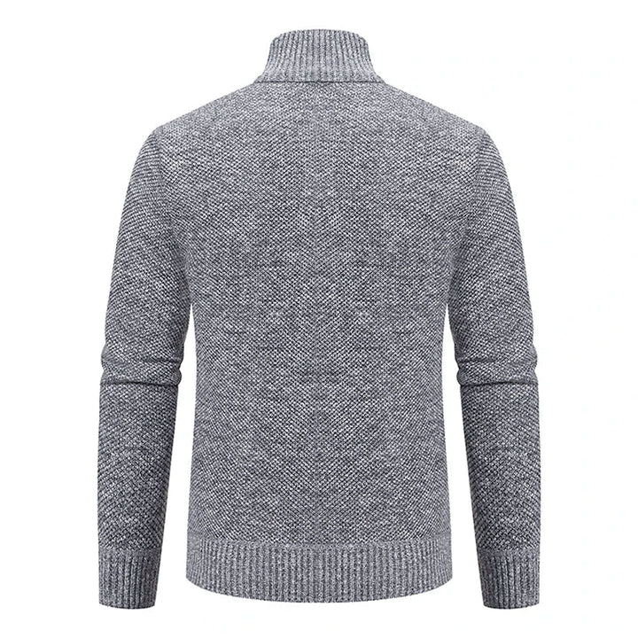 Back view of the light gray knit cardigan with ribbed hem and cuffs 28