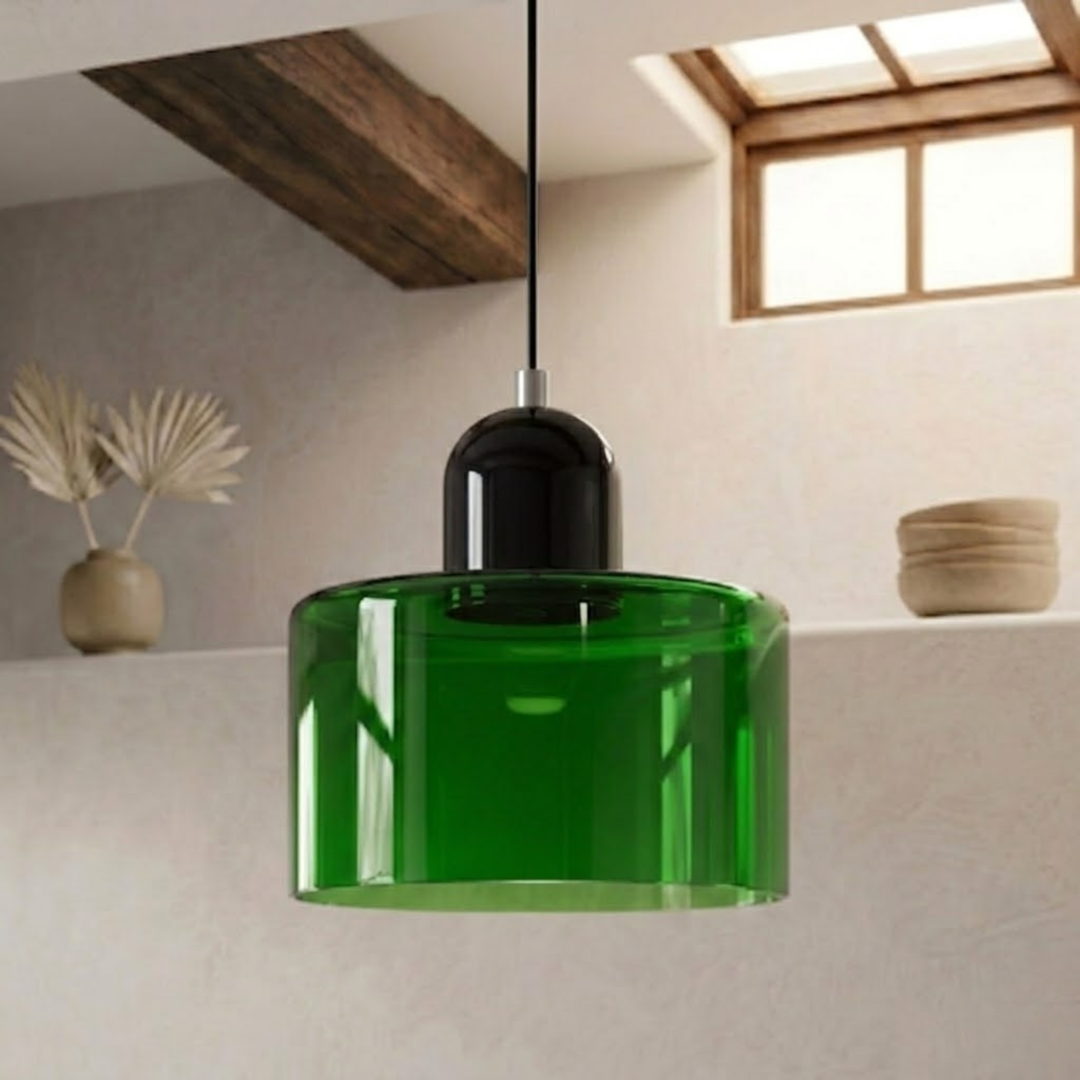 Translucent green glass shade with a glossy black dome cap hangs on a black cord beside a window. 33