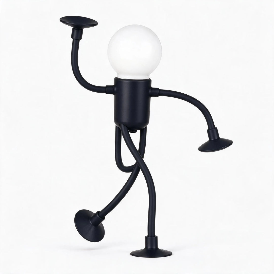Black posable figure light with an unlit white bulb head, one arm raised and legs crossed, on a plain background 28