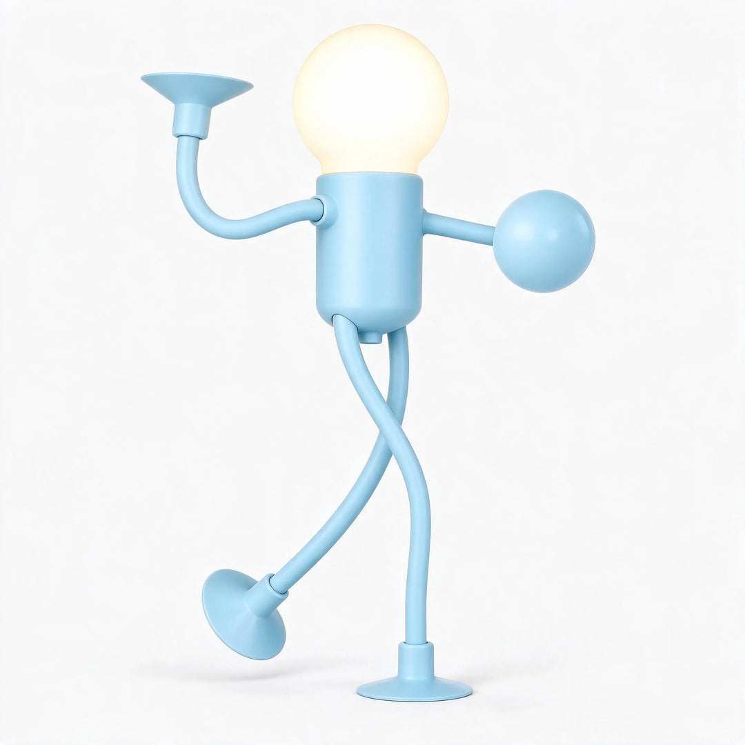Light blue posable figure light with a glowing bulb head, one arm raised with a suction cup and one with a ball end 29