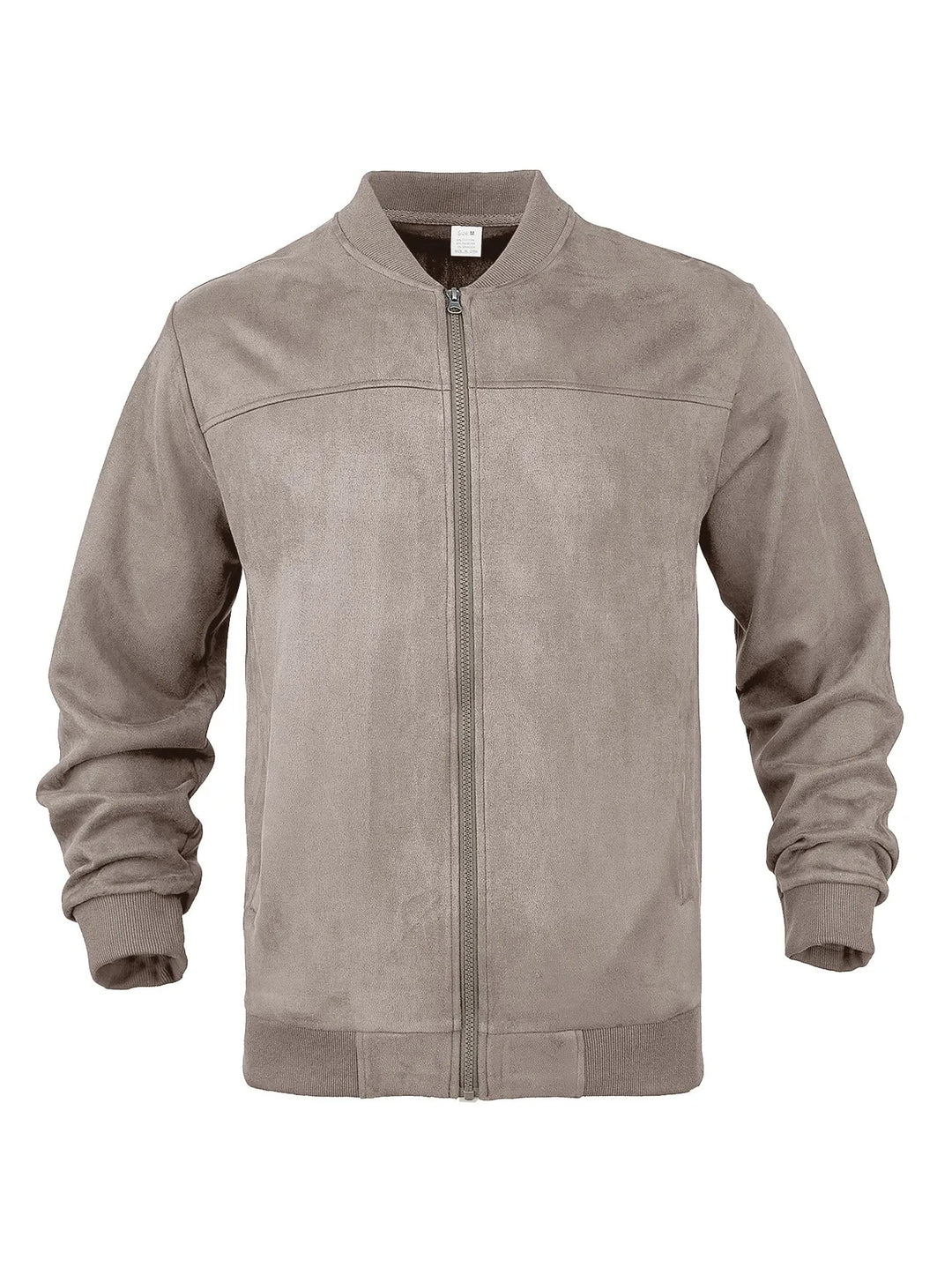 Taupe suede-look zip-up bomber jacket laid flat, front view with ribbed collar, cuffs and hem 29