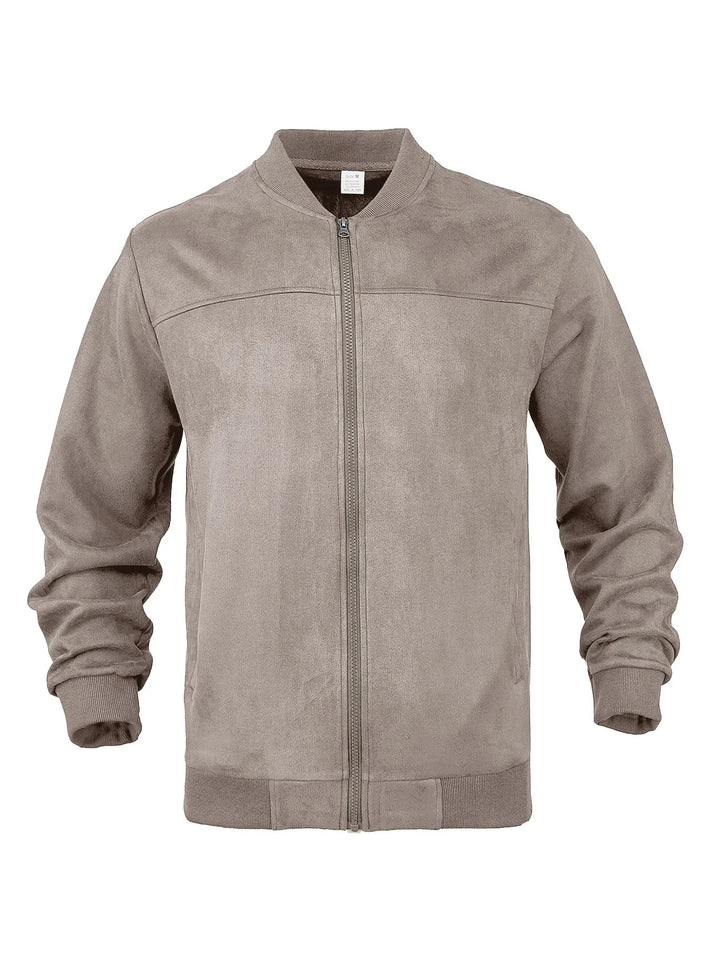 Taupe suede-look zip-up bomber jacket laid flat, front view with ribbed collar, cuffs and hem 29