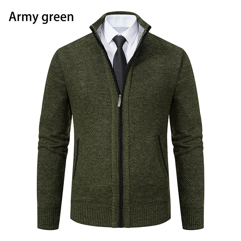 Army green knit zip cardigan with black zipper trim, shown with white shirt and tie 29