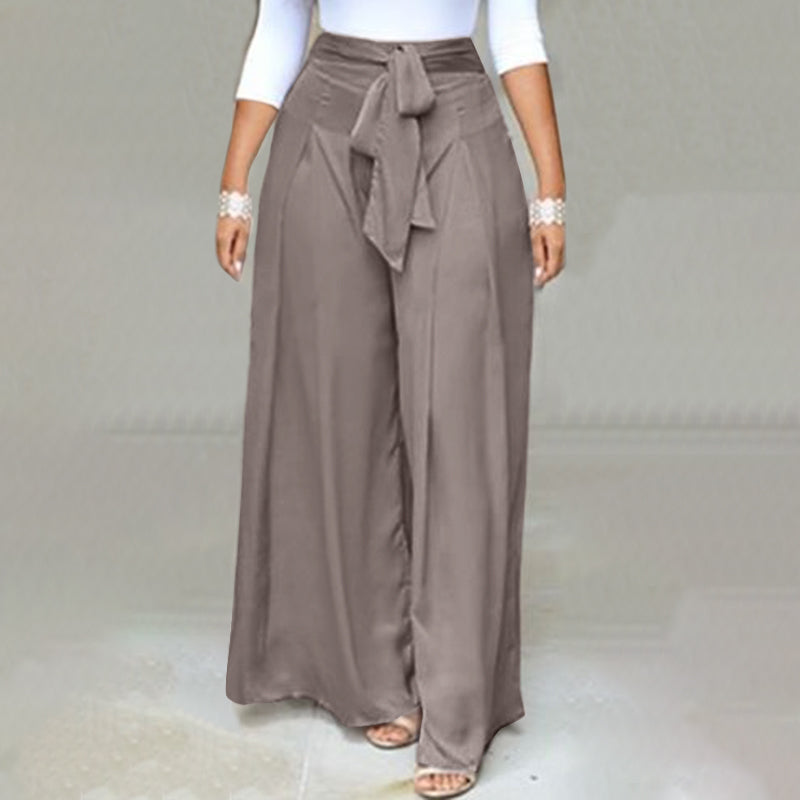 Damenhose mit weitem Bein, grau, hoher Bund, Schleife, elegant, modisch, aus Satin.