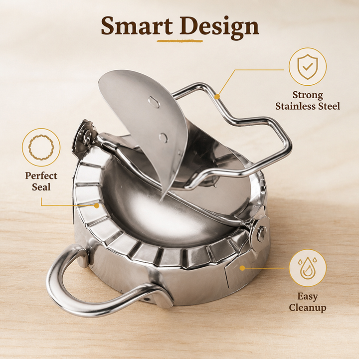 Open steel dumpling mold with ridged edge and two handles, plus the dough cutter tilted above it 3