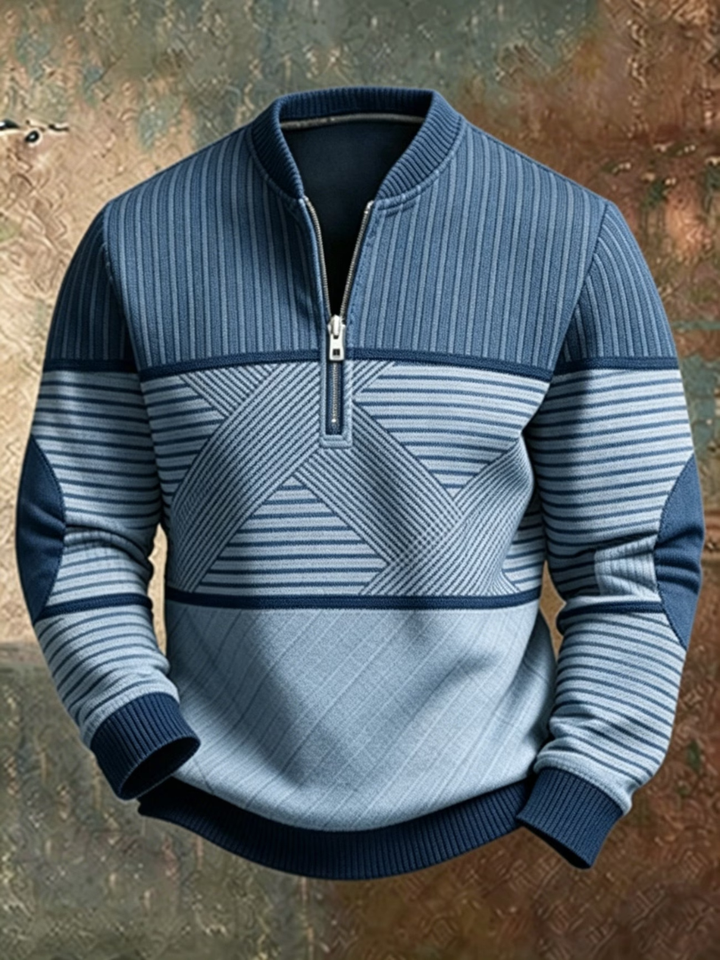 Blue colorway of the half-zip sweater, pale blue lower panel with navy ribbed hem and cuffs, front view 3