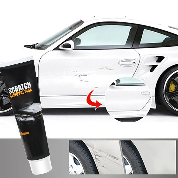 The black tube in front of a white sports car with a circled close-up of its repaired door and two small before-and-after wheel-arch photos. 10