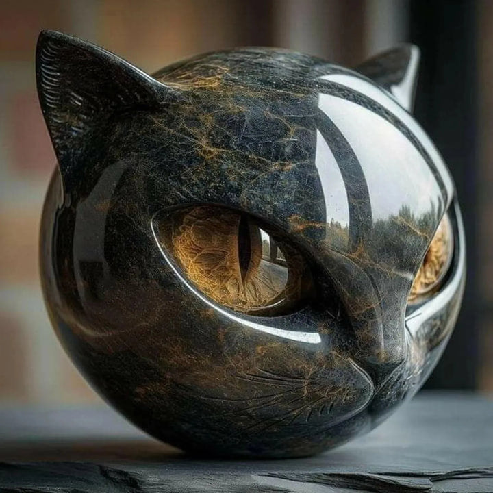 Angled close-up of the cat head's amber eye and polished marbled surface on a dark slate ledge 2