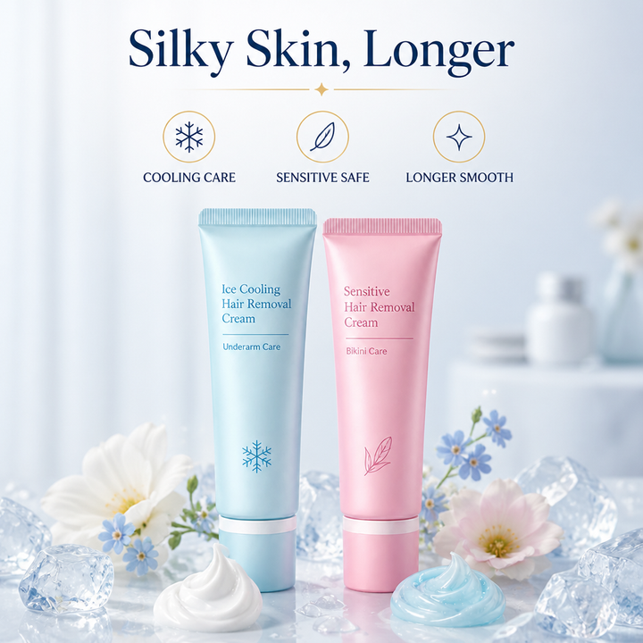 Blue and pink hair removal cream tubes with ice cubes and cream swirls.