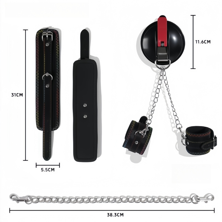 Dimension diagram of black cuffs with rainbow zigzag stitching and buckle straps, shown with the suction mount and silver chains. 8