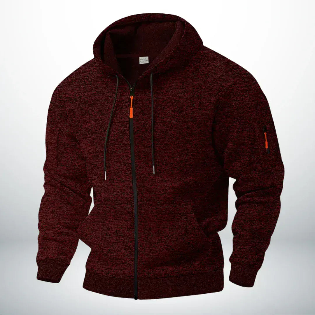 Front view of the hoodie in heathered burgundy, showing the drawstrings, kangaroo pocket and zippered sleeve pocket 2