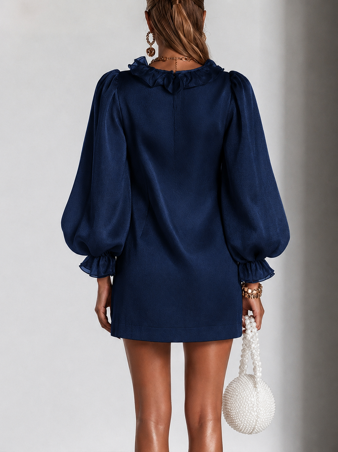 Blue ruffled mini dress, another view