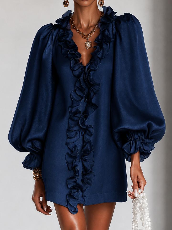 Blue ruffled mini dress, detail