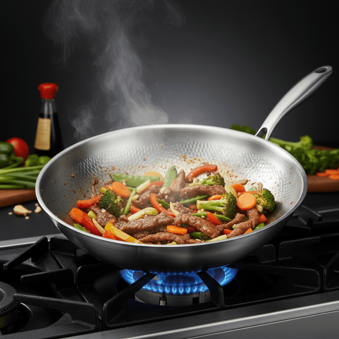 Wok on a gas burner filled with beef, broccoli, carrots and peppers, steam rising, with a soy sauce bottle and vegetables behind. 5