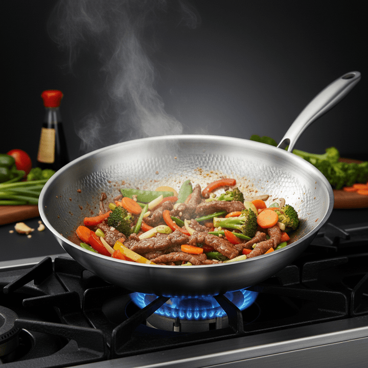 Wok on a gas burner filled with beef, broccoli, carrots and peppers, steam rising, with a soy sauce bottle and vegetables behind. 5