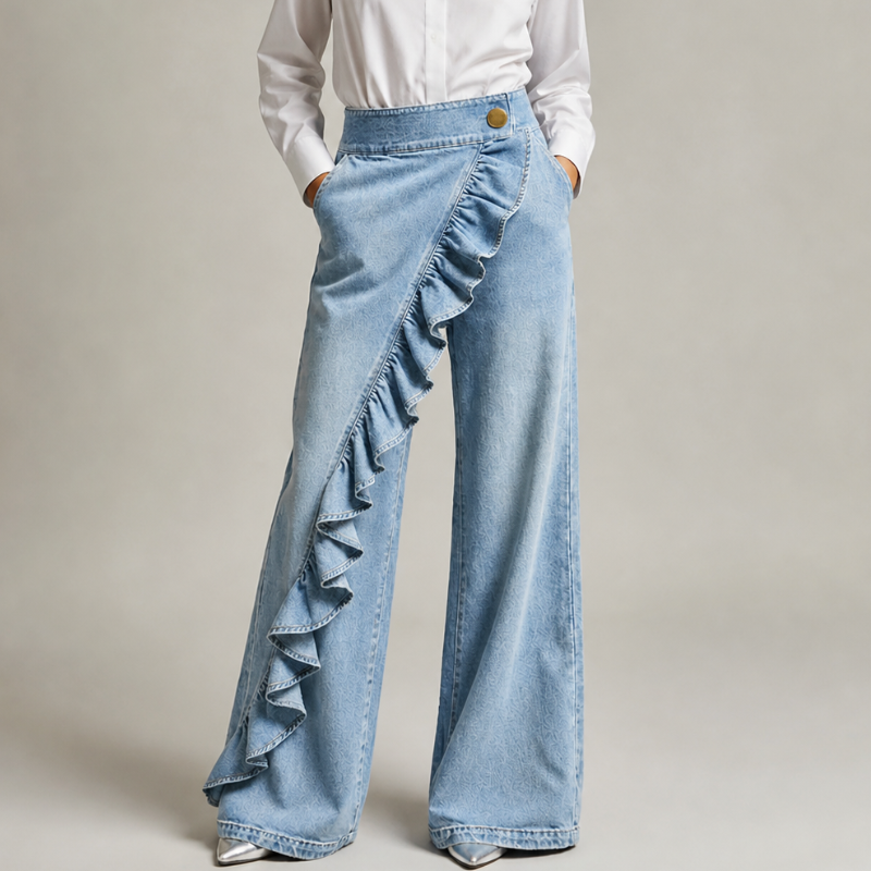 Light-wash wide-leg denim pants with a diagonal ruffle, front view.
