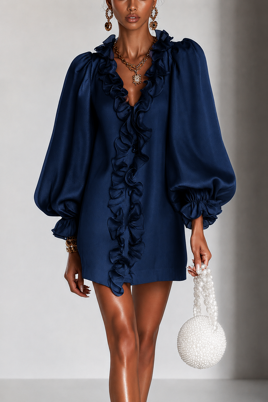 Blue ruffled mini dress, another view