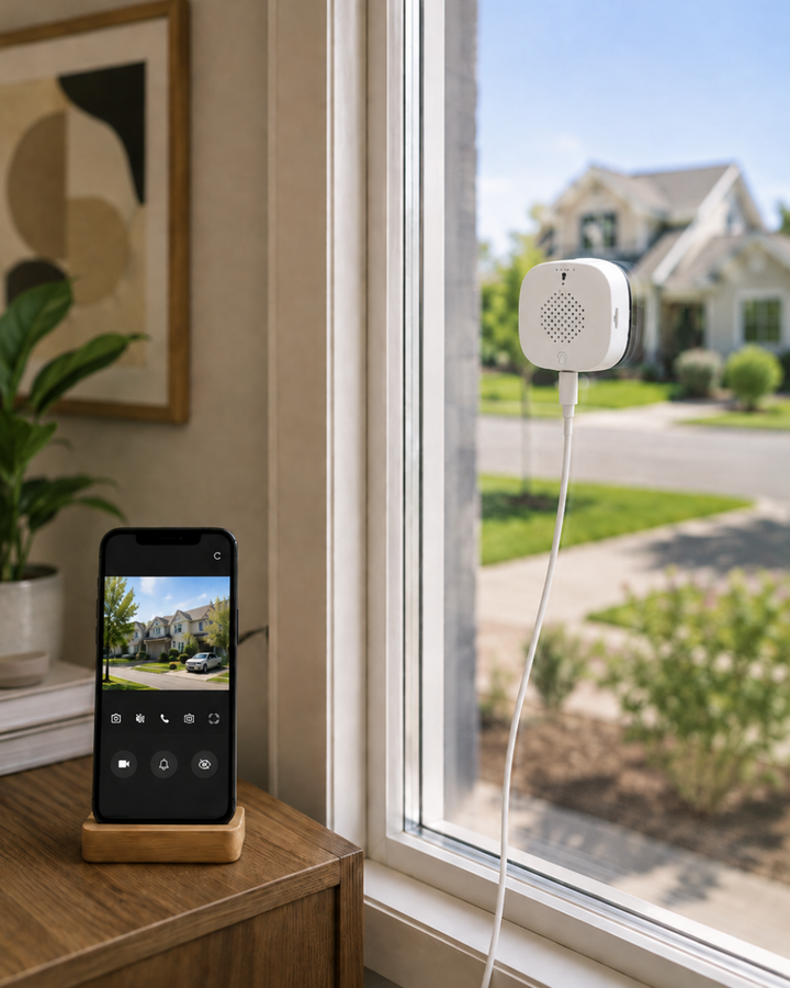 Small white camera stuck to a window facing a suburban street, with a phone nearby showing the live view. 2