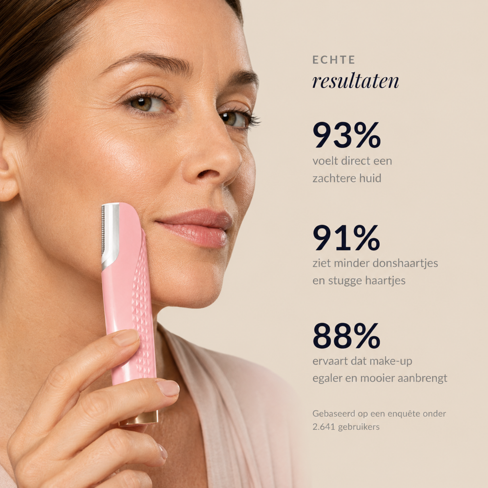 Woman holding the pink device against her cheek in a close-up portrait.