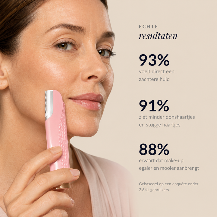 Woman holding the pink device against her cheek in a close-up portrait.