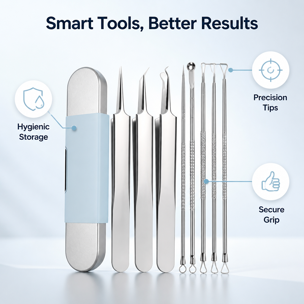Three angled-tip tweezers, four double-ended loop and spoon tools, and a blue-banded metal case arranged upright with feature callout icons. 3