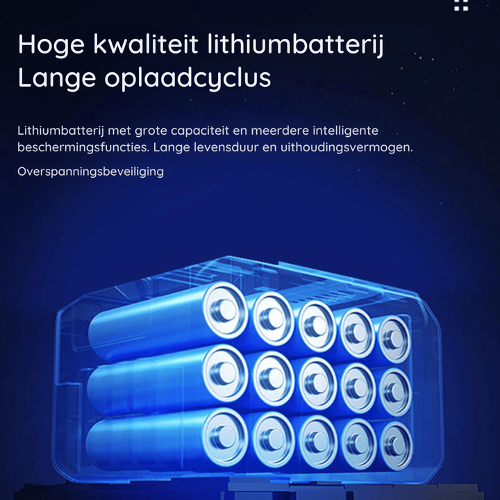 Infographic with a blue cutaway of stacked lithium battery cells, explaining the lamp's rechargeable battery in Dutch text. 6