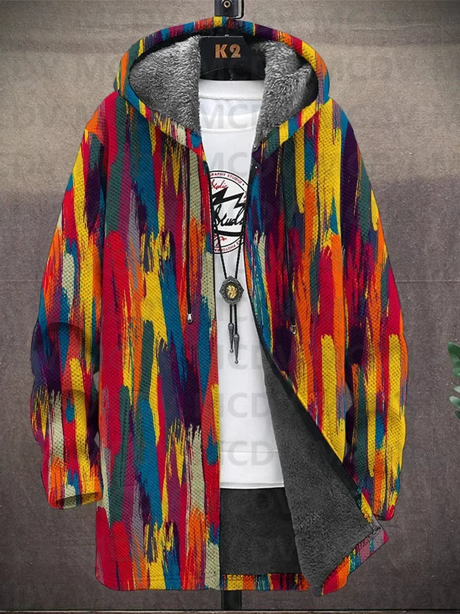 Long hooded jacket on a hanger in vertical multicolor brushstrokes, open to show the gray fleece lining 2
