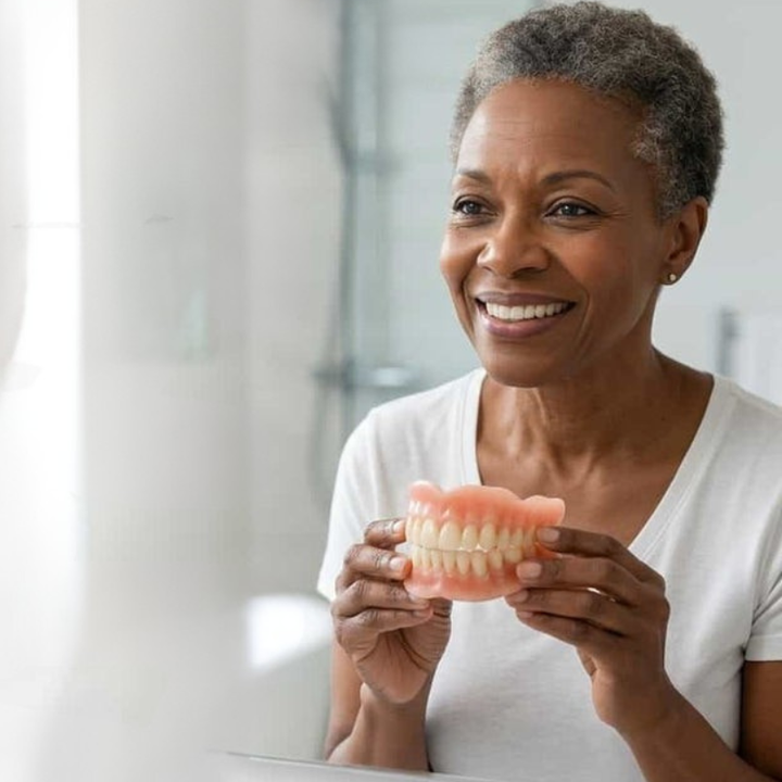 Smiling woman with short gray hair holding the denture set in both hands while looking at herself in a bathroom mirror. 4