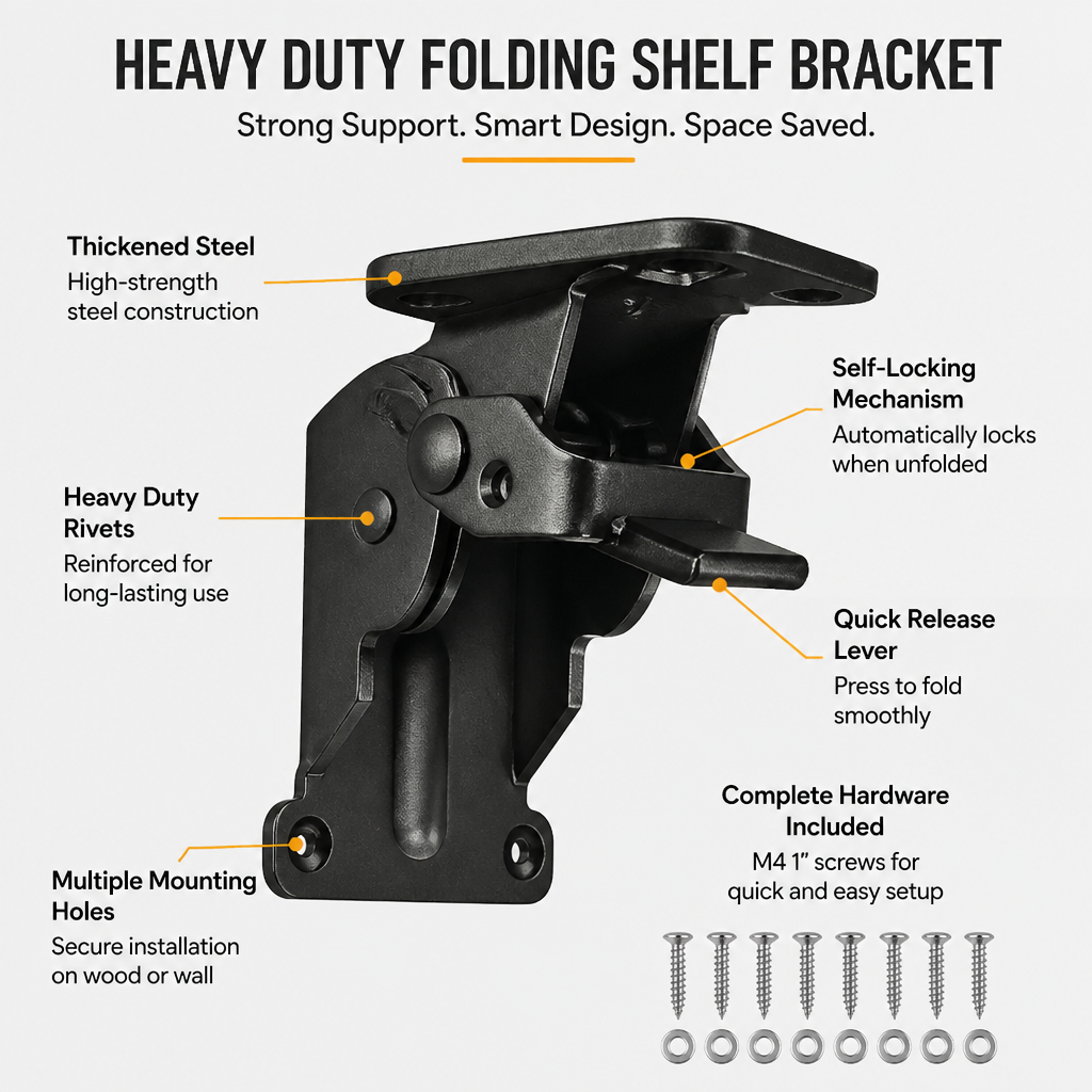 Black folding bracket with labels showing the steel body, rivets, mounting holes, self-locking mechanism and release lever.