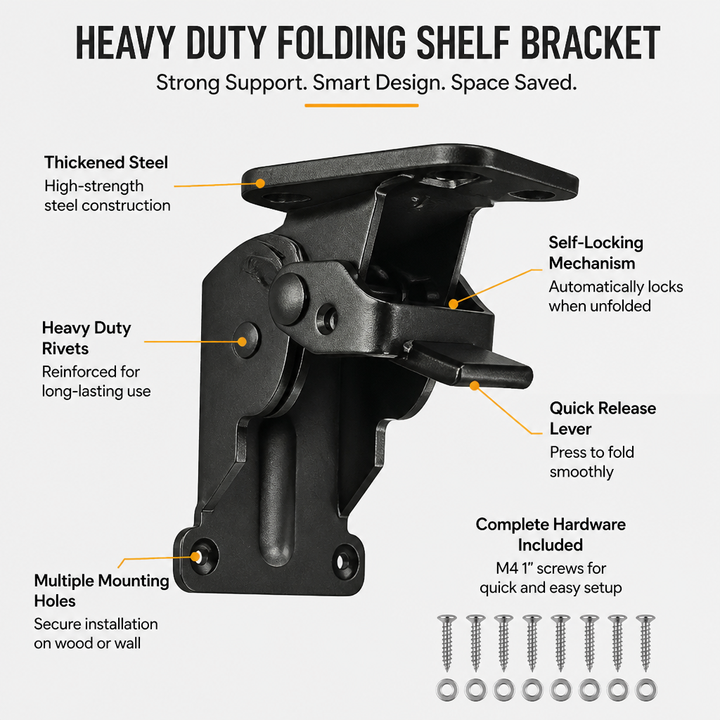Black folding bracket with labels showing the steel body, rivets, mounting holes, self-locking mechanism and release lever.