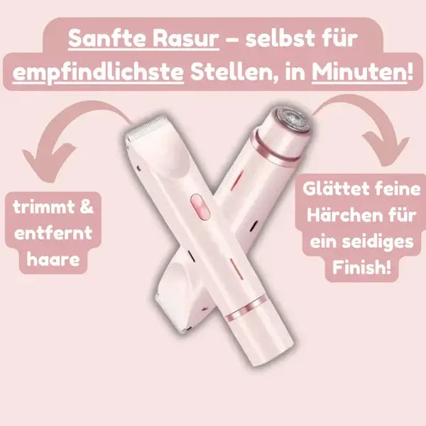 Two pink shaver heads crossed in an X, showing a trimmer head and a round foil head.