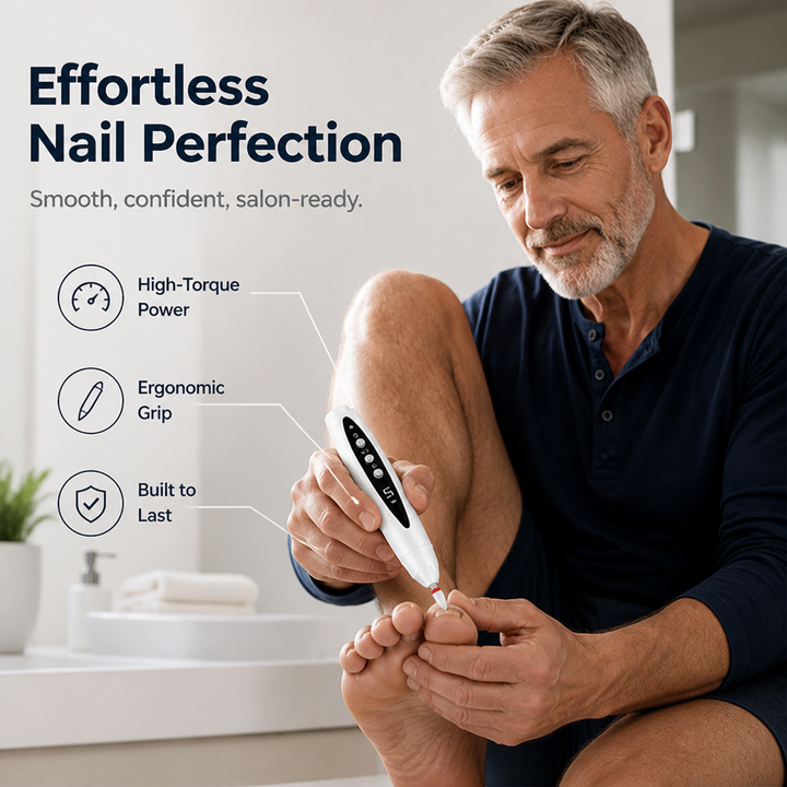 Close view of the same man holding the white nail drill against his big toenail, with callouts pointing to the grip. 2