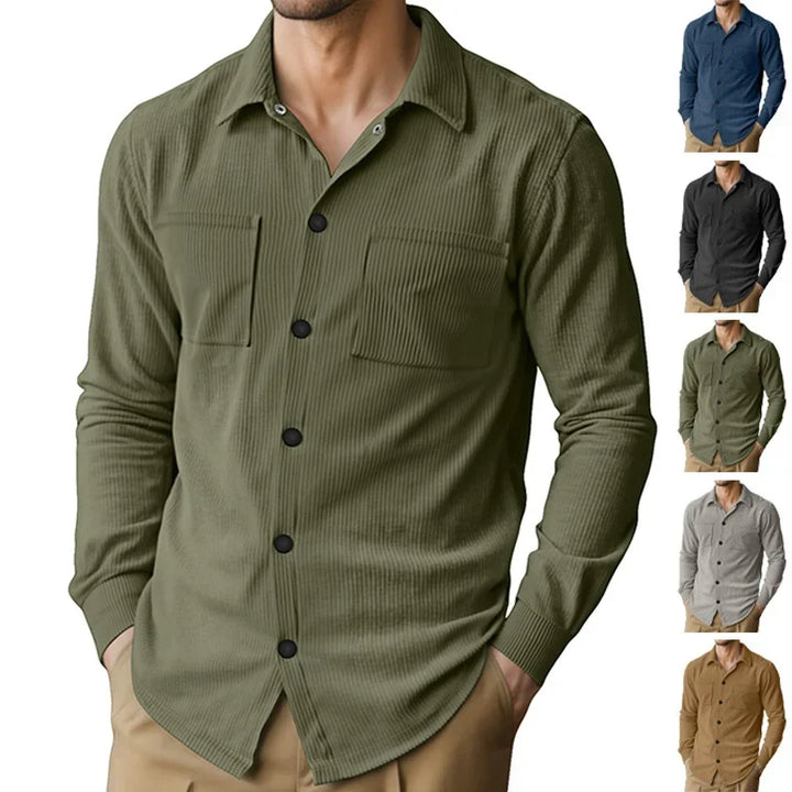 Olive green ribbed button shirt worn by a model, with five smaller views showing other color options 2