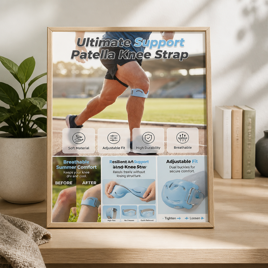 Framed promotional poster on a shelf showing a runner with the strap, plus close-ups of its flexibility and dual buckles. 3