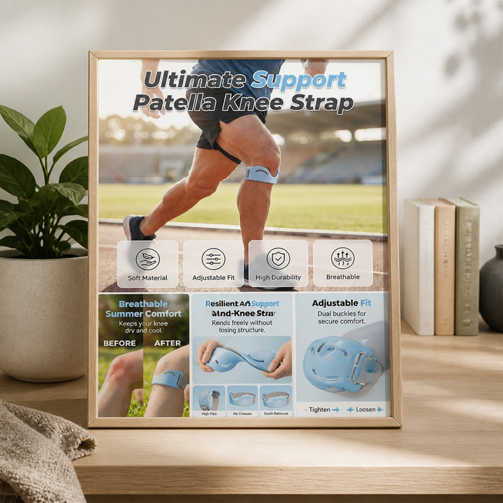 Framed promotional poster on a shelf showing a runner with the strap, plus close-ups of its flexibility and dual buckles. 3