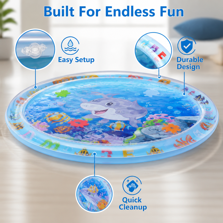 Cat Water Play Mat detail showing the round blue mat with floating fish and fill valve.
