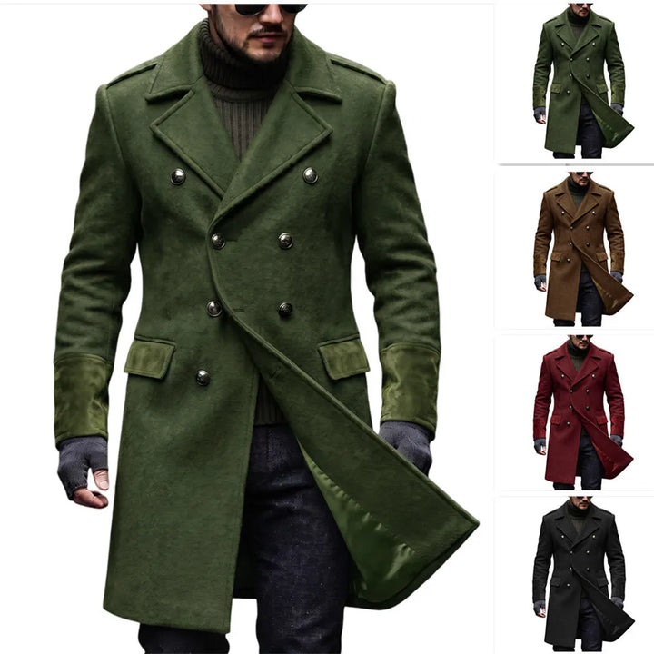 Green double-breasted overcoat worn by a model, with four smaller thumbnails showing green, brown, red and black versions 2