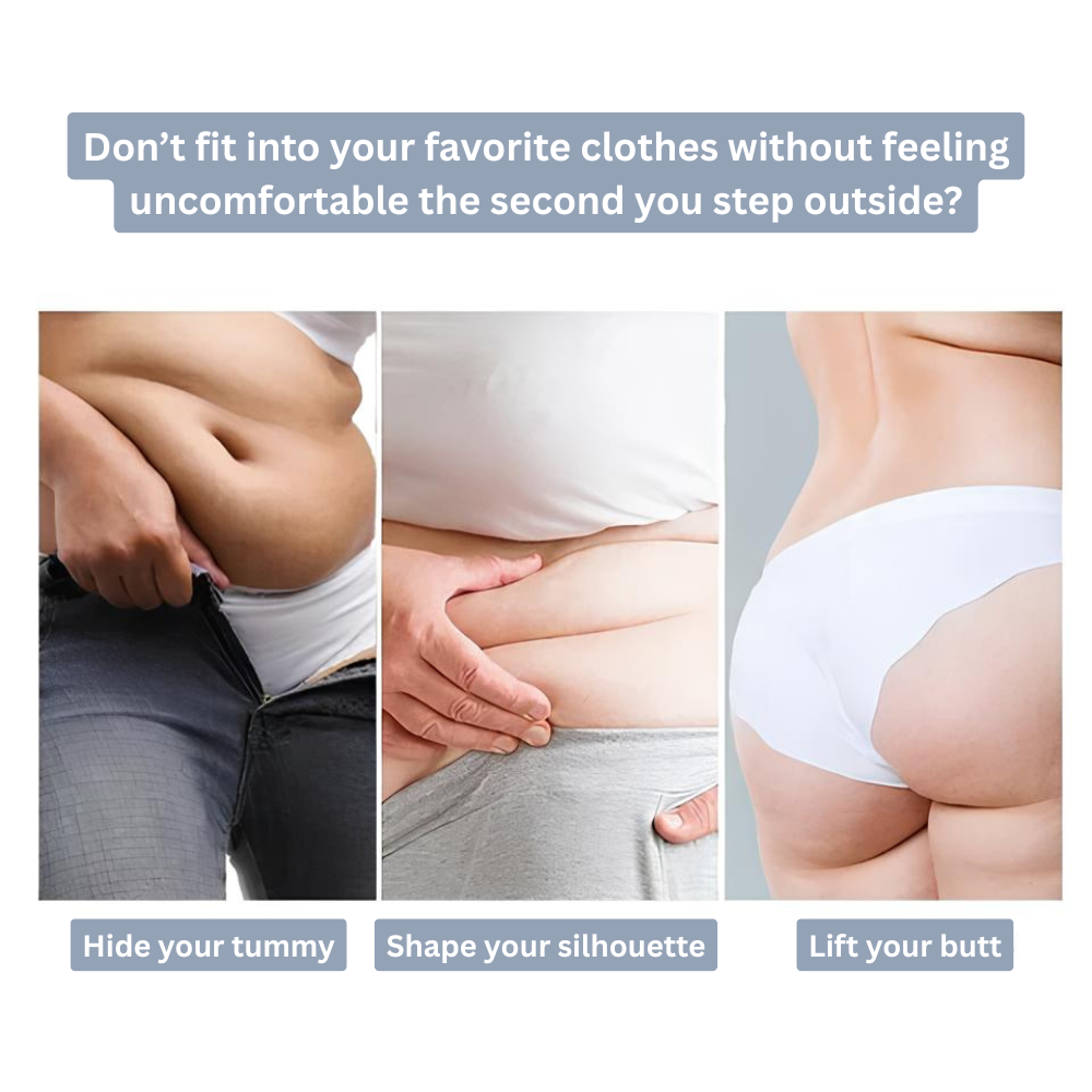3-in-1 Shaping Shorts detail collage showing tummy control and butt lift effects