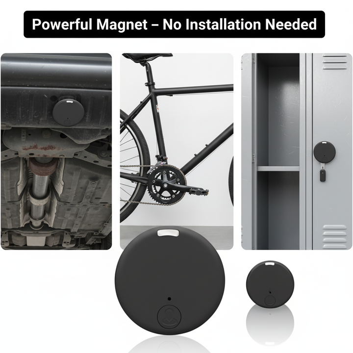 Black round tracker attached to a car underbody, a bicycle frame and a metal locker door.