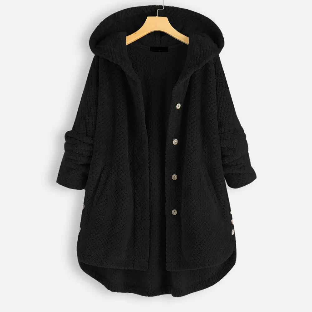 Schwarzer Damenmantel mit Kapuze, Knöpfen, aus Fleece, warm und stilvoll, ideal für Herbst/Winter.