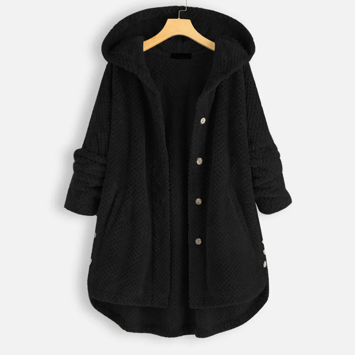 Schwarzer Damenmantel mit Kapuze, Knöpfen, aus Fleece, warm und stilvoll, ideal für Herbst/Winter.