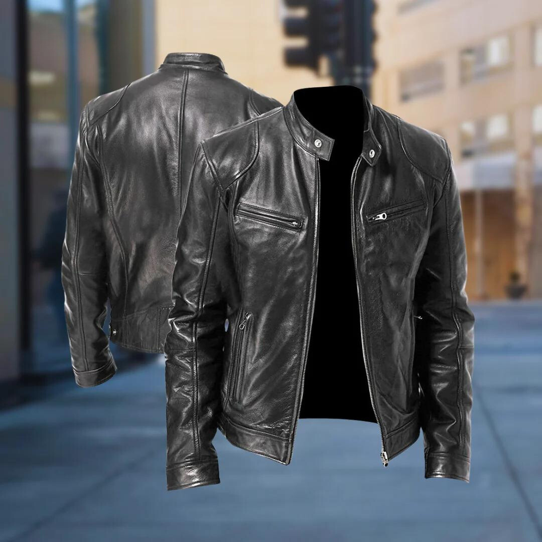 Black leather jacket shown from the front and back together, in front of a blurred city street background. 4